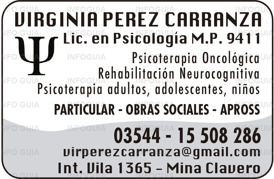 Psicóloga Virginia Pérez Carranza - Lic. en Psicología. Psicoterapia adultos, adolescentes, niños - orientacion vocacional - trastornos de ansiedad. Apto psicológico para licencia de conducir. Discapacidad.